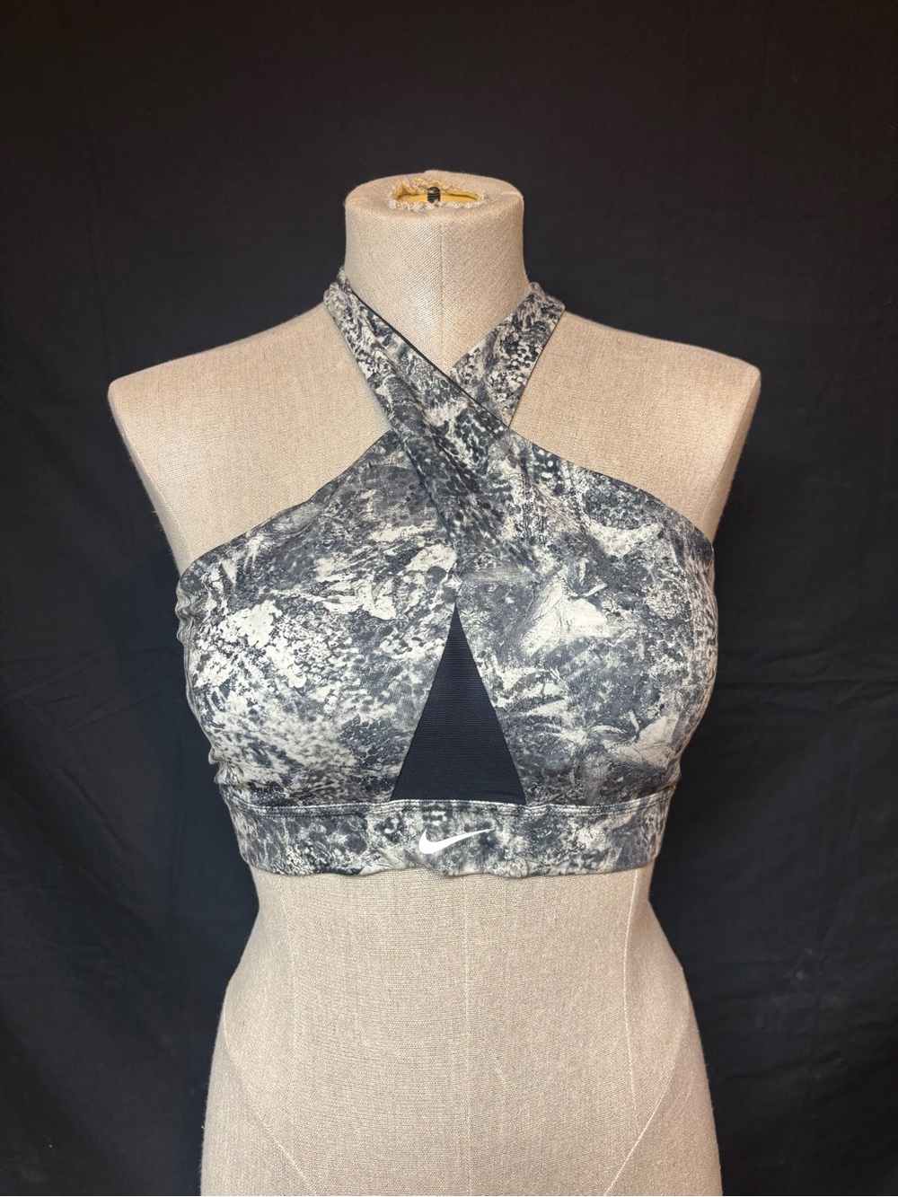 Crisscross Marble-Print Sports Bra Top in Black and White